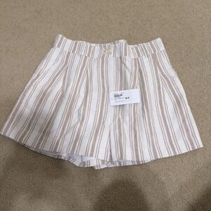 EUC EVEREVE Janice Pleated LINEN SHORTS Large Tan Stripe $88